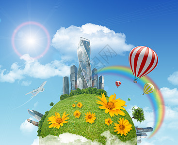 地球和城市的气球背景图片