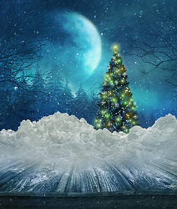 冬季风景 雪雪和木制桌薄片蓝色降雪森林雪堆月亮木头季节冻结寒冷图片