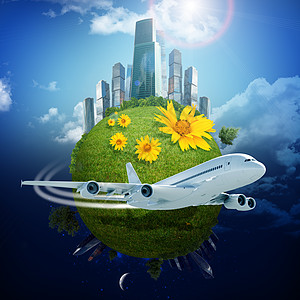 城市与地球具有城市和喷气式地球建筑绿色蓝色花朵喷射天空彩虹背景