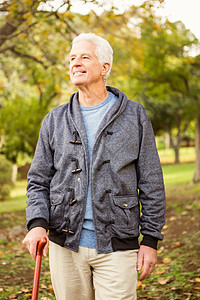 公园的高级男子绿地保暖男性开襟衫闲暇头发老年快乐拐杖退休图片