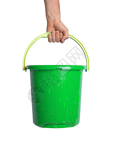 人手拿着空塑料桶绿色职业主妇白色家庭工具洗涤塑料家务工作图片