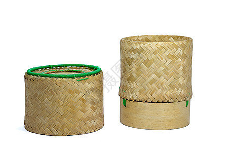 粘黏的米饭传统手工艺品和白色背面格子乡村手工业草丛家具编织柳条篮子编篮竹子背景图片