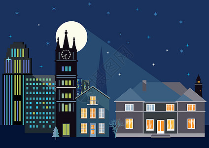 夜间城市风景社区月亮房屋灯光景观黑暗星星黑色街道摩天大楼图片