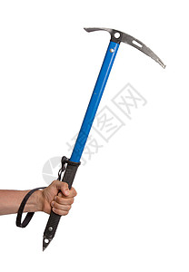 破旧的冰斧 拯救生命的登山工具男人甘蔗蓝色斧头运动远足带子白色图片