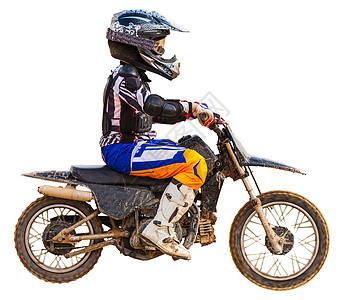 摩托车上的赛车手 孤立齿轮行动骑士白色发动机速度骑术地形头盔运动图片
