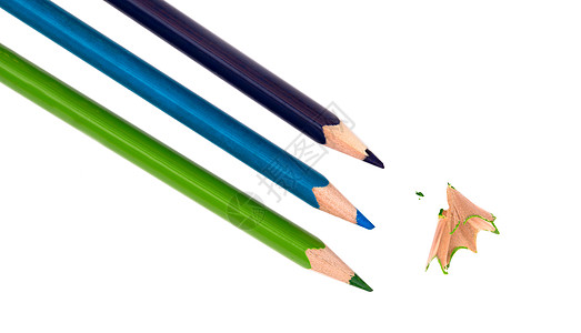 三支彩色铅笔工具白色写作艺术蓝色学校绿色教育绘画木头图片