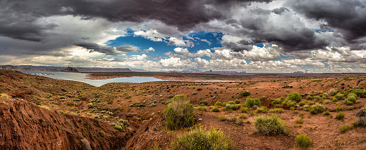 鲍威尔亚利桑那湖娱乐公路沙漠山脉荒野公园雷雨侵蚀全景台面图片