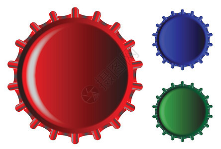 三个金属瓶盖绿色饮料空白商品可乐插图瓶子啤酒蓝色玻璃背景图片