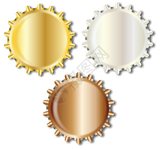 三个亮金属瓶盖玻璃插图空白绘画商品饮料可乐黄铜啤酒金子背景图片