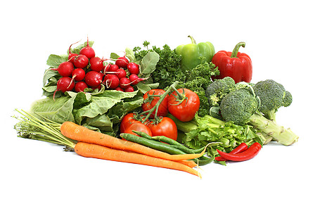 蔬菜品种香菜胡椒收成红色绿色芹菜食物白色萝卜辣椒背景图片