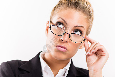 戴眼镜的女商务人士商务专业成人白色思考套装商业黑色思维水平图片