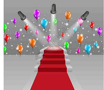 红色地毯和三个灯光的楼梯奖项反光板优胜者展示讲台音乐会奢华时间名声节日图片