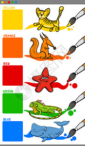 带有卡通动物主颜色学习卡通片蓝色绿色教学松鼠孩子们刷子鬣蜥橙子图片