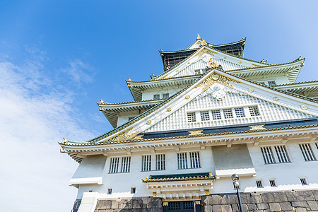 日本大阪城堡 清蓝天空石头文化武士历史明信片旅游游客防御观光蓝色图片