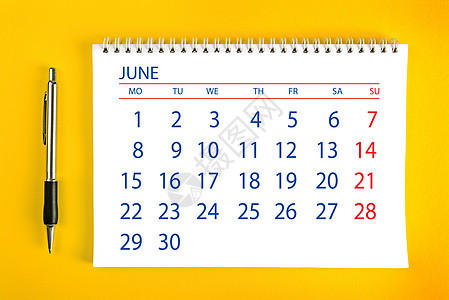 历年6月日历螺旋时间表时间记事本笔记本办公室议程规划师商业背景图片