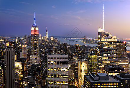 纽约市天际全景城市摩天大楼天线地标办公室市中心建筑学场景日落图片