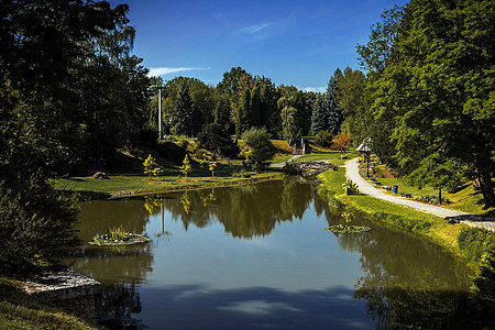 公园中美丽的景色反射天空蓝色旅行绿色叶子季节旅游森林植物图片