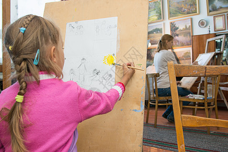 五岁女孩和母亲在艺术家工作室里 学习绘画图片