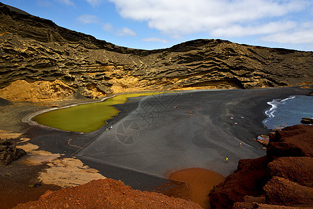 西班牙高尔夫兰萨罗特河沿岸和夏季麝香岩石池塘火山旅行地衣假期海岸线海藻小岛图片