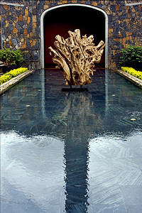 抽象雕塑切口片金属扭力曲线萝卜反射切口木头蓝色花园旅行图片