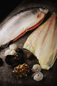 鱼类和贝类鱼片比目生蚝食物蛤蜊对虾图片