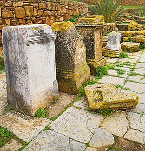 在摩洛哥非洲 罗马古老的 恶化的纪念碑a帝国古董旅行柱子废墟堡垒大理石文化地衣场地图片