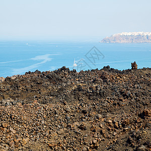 欧洲桑托里尼山地的火山 天空和地中海岩石沙漠火山口世界公园旅游爬坡国家地质学遗产图片