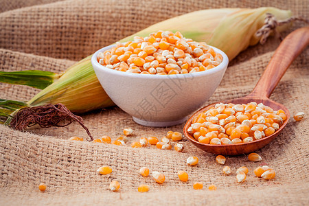 碗里有成熟的玉米 汤匙里有新鲜甜玉米纤维农场棒子爆米花金子营养生长种子牛奶蔬菜图片