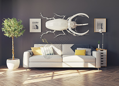房间里的犀牛甲虫公寓墙纸家具地面派对怪物风格矿业沙发枕头图片