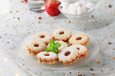 Jam 短面包饼干水果红色糖霜食物覆盆子小吃糖粉甜点桌布糕点图片