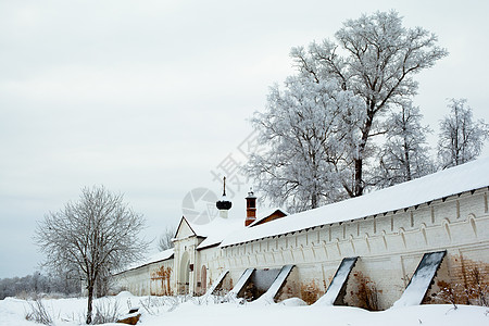 冬季树建筑学防御白色灰色教会水平建筑石头圆顶蓝色图片