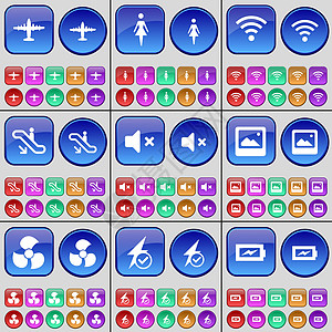 飞机 剪影 Wi-Fi 自动扶梯 静音 窗户 螺丝 闪光灯 充电 一大套多色按钮 向量图片