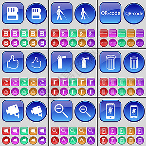 SIM卡 百叶窗 二维码 点赞 灭火器 垃圾桶 闭路电视 放大镜 智能手机 一大套多色按钮 向量图片