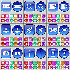 门票 放大镜 MP3 显示器 火箭 3G 相机 螺丝刀 智能手机 一大套多色按钮 向量背景图片