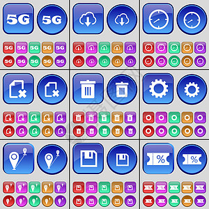 5G 云 时钟 文件 垃圾桶 齿轮 关卡 软盘 门票 一大套多色按钮 向量图片