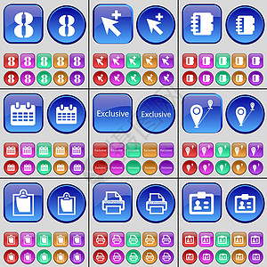 八 光标 笔记本 日历 专属 关卡 调查 3D打印 联系人 一大套多色按钮 向量图片