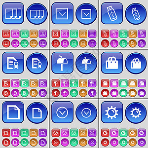 文件 向下箭头 USB 文件 邮箱 购物袋 向下箭头 齿轮 一大套多色按钮 向量图片