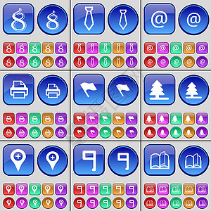 八 领带 邮件 打印机 旗塔 树 检查站 九 书 一大套多色按钮 向量图片