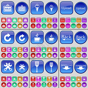 已售出 冰淇淋 上传 重新加载 咖啡 返回 扳手 桨 下载 一大套多色按钮 向量图片