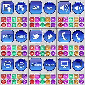 软盘 游泳者 声音 最小值 鸟 接收器 减号 动作 监视器 一大套多色按钮 向量图片