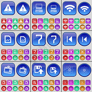 小心 笔记本电脑 Wi-Fi 图表 七 媒体跳过 联系人 软盘 星标 一大套多色按钮 向量图片