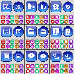 底片 谈话 齿轮 音乐文件 日历 文件 垃圾桶 聊天气泡 音量 一大套多色按钮 向量图片