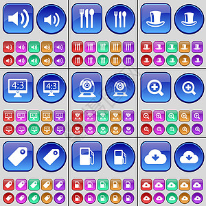 声音 餐具 丝帽 监视器 网络摄像头 放大镜 标签 加油站 云 一大套多色按钮 向量图片