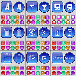 头发 鸡尾酒 卡车 垃圾桶 左箭头 沙漏 勘测 QR码 一大批多色按钮图片