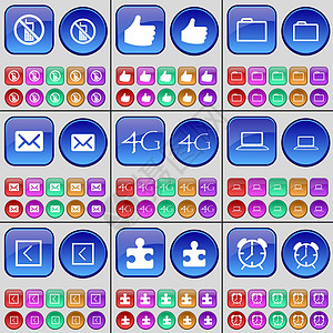 4G通手机手机 点赞 文件夹 消息 4G 笔记本电脑 左箭头 拼图 闹钟 一大套多色按钮 向量插画