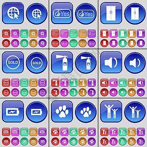 网络光标 是的 橱柜 已售出 灭火器 声音 充电 爪子 家庭 一大套多色按钮 向量图片