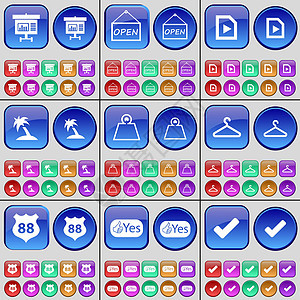 图表 打开 媒体文件 手掌 重量 衣架 徽章 喜欢 勾选 一大套多色按钮 向量背景图片