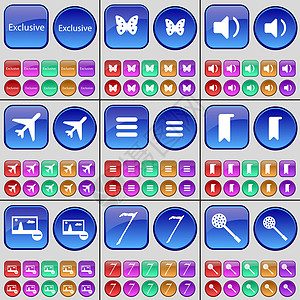 独家 蝴蝶 声音 飞机 应用程序 标记 图片 七 撇渣器 一大套多色按钮 向量图片