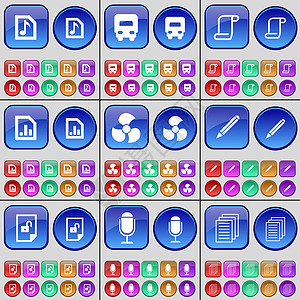 音乐文件 卡车 卷轴 图表文件 螺丝 铅笔 锁 麦克风 文本文件 一大套多色按钮 向量图片