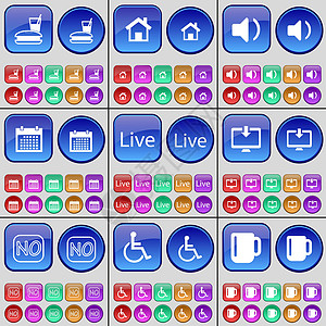 食物 房子 声音 日历 直播 监控 否 残疾人 杯子 一大套多色按钮 向量图片